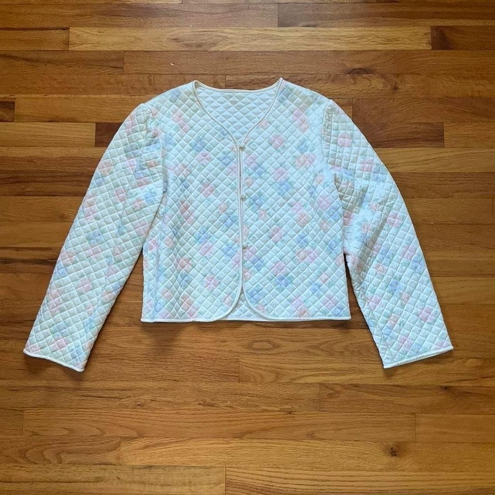 Vintage 1980s Quilted Floral Button Up Jacket Size M Grandmacore Grannycore